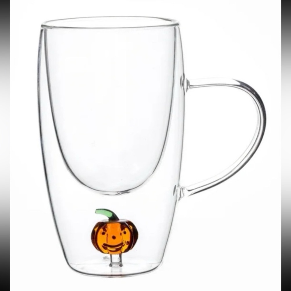 Double-Walled Glass Latte Mug Features Pumpkin